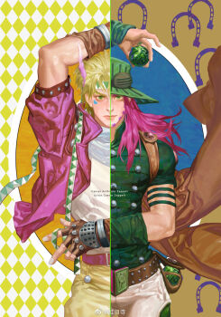 2boys argyle_background argyle_clothes arm_up ball battle_tendency beard belt blonde_hair brown_cape brown_gloves caesar_anthonio_zeppeli cape character_name closed_mouth collared_shirt cowboy_shot elna facial_hair facial_mark feather_hair_ornament feathers fingerless_gloves gloves green_eyes green_headwear green_shirt gyro_zeppeli hair_ornament hat headband highres holding holding_ball horseshoe jacket jojo_no_kimyou_na_bouken long_hair looking_at_viewer male_focus multiple_boys pants pink_hair pink_jacket pouch shirt short_hair short_sleeves split_screen standing steel_ball_(jojo) steel_ball_run studded_belt watermark weibo_watermark white_pants white_shirt yellow_pants