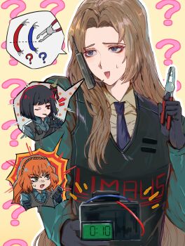 3girls ? absurdres black_gloves black_hair blue_eyes blue_jacket blue_necktie blue_shirt bob_cut bomb brown_hair bulletproof_vest cable collared_shirt countdown_timer explosive gloves headband highres ishmael_(project_moon) jacket klack_rodyalove lccb_(identity)_(project_moon) limbus_company long_hair multiple_girls necktie ootachi orange_hair project_moon red_eyes rodion_(project_moon) rope ryoshu_(project_moon) shirt walkie-talkie white_shirt wire_cutters yellow_background yellow_eyes