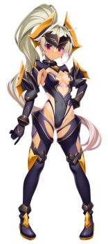 1girl armor avalatia_sol black_gloves black_leotard boots breasts chest_jewel cleavage closed_mouth covered_navel dark-skinned_female dark_skin earrings elbow_gloves full_body game_cg gloves gluteal_fold grey_hair hair_between_eyes hand_on_own_hip headgear headpiece high_ponytail highleg highleg_leotard horns jewelry kamitsurugi_ouka kouyoku_senki_exs-tia_concert large_variant_set leotard long_hair looking_at_viewer medium_breasts non-web_source official_art one-piece_tan oosumi_kanon ponytail red_eyes solo standing tachi-e tan tanline thigh_boots thighhighs transparent_background variant_set very_long_hair white_hair