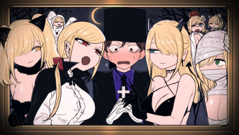 1boy 6+girls :3 alice_lendrott animal_costume animal_ears bikini black_bikini black_choker black_gloves black_necktie black_suit blonde_hair blue_eyes blush bocchan_(shinigami_bocchan_to_kuro_maid) breasts cat_costume cat_ears choker closed_eyes closed_mouth cross crucifix demon_tail fang formal_clothes framed fur_collar ghost_costume gloves green_eyes halloween hat highres horns inoue_koharu large_breasts long_hair multiple_girls multiple_persona mummy_costume necktie open_mouth own_hands_together pumpkin purple_shirt red_eyes shinigami_bocchan_to_kuro_maid shirt smile stitched_face stitches suit sweat swimsuit tail top_hat vampire_costume white_gloves white_shirt yellow_eyes