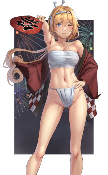 Rule 34 | 1girl, ;), absurdres, aerial fireworks, blonde hair, blue eyes, breasts, chest sarashi, commentary request, fireworks, fundoshi, hachimaki, hair between eyes, hand fan, hand on own hip, happi, headband, highres, japanese clothes, kantai collection, kokuzou, large breasts, long hair, looking at viewer, navel, nejiri hachimaki, one eye closed, open happi, red happi, sarashi, smile, solo, valiant (kancolle), wide sleeves