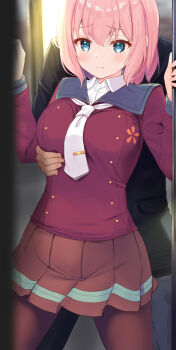 1boy 1girl :s between_breasts black_pantyhose blue_eyes blue_sailor_collar blush breasts buttons chikan closed_mouth collared_shirt covered_groin cowboy_shot double-breasted dress_shirt fingernails frown furrowed_brow grabbing_another&#039;s_breast grabbing_from_behind groping highres komomo_(komone_ushio) komone_ushio large_breasts legs_apart long_sleeves molestation neckerchief nervous original pantyhose pink_hair pleated_skirt purple_serafuku red_skirt sailor_collar school_uniform serafuku sexual_harassment shirt short_hair skirt solo_focus sweatdrop taut_clothes taut_shirt tie_clip train_interior white_neckerchief white_shirt worried