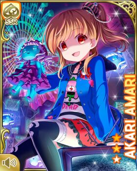 1girl amari_akari amusement_park bag beads black_thighhighs blue_jacket bow brown_hair card_(medium) character_name collar crown doll frilled_skirt frills garter_straps girlfriend_(kari) glowing hair_beads hair_bow hair_ornament handbag jacket lace looking_at_viewer multicolored_hair nail_polish night official_art open_mouth outdoors ponytail qp:flapper red_eyes red_skirt shaded_face shirt short_hair side_ponytail sidelocks sitting skirt smile solo streaked_hair tagme thighhighs tv white_shirt