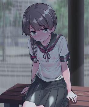 1girl aqua_bra black_sailor_collar black_skirt bow bra braid brown_eyes brown_hair commentary_request covered_erect_nipples furaggu_(frag_0416) hair_bow highres kantai_collection long_hair no_bra on_bench outdoors pillar pleated_skirt rain red_bow red_ribbon ribbon sailor_collar school_uniform see-through_clothes see-through_shirt serafuku shadow shirt short_sleeves single_braid skirt solo thighs underwear uranami_(kancolle) variant_set wet wet_clothes wet_shirt