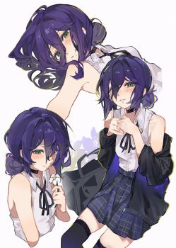 1girl bare_shoulders black_bag black_choker black_jacket black_ribbon black_thighhighs blush breasts chainsaw_man choker closed_mouth commentary cookie052070521 cropped_torso feet_out_of_frame flower green_eyes grenade_pin hair_between_eyes hair_bun highres holding holding_flower jacket jacket_partially_removed medium_breasts medium_hair multiple_views neck_ribbon own_hands_together parted_lips plaid_clothes plaid_skirt purple_hair reze_(chainsaw_man) ribbon shirt skirt sleeveless sleeveless_shirt solo thighhighs updo upper_body white_background white_flower white_shirt