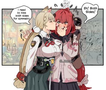 ! 1other 4girls ? absurdres alice_thymefield animal animal_ear_fluff animal_ears animal_on_back arms_behind_back backpack bag belt black_gloves black_nails blindfold_mask blonde_hair blush braid braided_twintails cardigan chest_bow closed_eyes closed_mouth commentary covered_eyes covering_own_mouth english_commentary english_text fingerless_gloves food game_screenshot_background glasses gloves green_eyes green_skirt hair_ornament hair_ribbon hat hearing_aid heart highres holding holding_food kamanosuke_(zenless_zone_zero) kiss kissing_cheek long_hair looking_at_another mask multiple_girls open_mouth pink_cardigan rabbit_ears rabbit_girl raccoon red_hair ribbon screenshot_background shirt skirt speech_bubble sphere_hair_ornament sweat tanuki teeth trigger_(zenless_zone_zero) tsukishiro_yanagi twintails ukinami_yuzuha upper_teeth_only white_background white_shirt yuri zanqi zenless_zone_zero