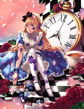 1girl alice_(alice_in_wonderland) alice&#039;s_adventures_in_wonderland apron black_bow black_hairband black_shoes blonde_hair bloomers blue_dress blue_eyes blue_wrist_cuffs blunt_bangs bow buttons center_frills checkered_floor collared_shirt commentary cup dress english_commentary expressionless flower frilled_apron frilled_dress frilled_sleeves frilled_wrist_cuffs frills full_body hair_bow hairband highres holding holding_puzzle_piece jigsaw_puzzle knees_up leaf light_particles long_hair mary_janes medium_dress mikanchii oversized_object parted_lips pink_sky pocket_watch puffy_short_sleeves puffy_sleeves puzzle puzzle_piece red_flower red_rose rose shirt shirt_under_dress shoes short_sleeves sitting sky solo tea teacup teeth thighhighs underwear very_long_hair watch white_apron white_bloomers white_shirt white_thighhighs wrist_cuffs