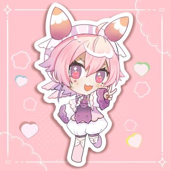 1girl :3 :d ahoge ascot blush buttons chibi chibi_only commentary diamond_(shape) diamond_in_eye double-breasted double-parted_bangs eyebrows_hidden_by_hair facial_mark full_body genk1zam4s gold_buttons hair_between_eyes halftone halftone_background headdress heart highres inset_border long_sleeves looking_at_viewer multicolored_eyes nijisanji no_shoes open_mouth outline pink_background pink_hair pink_shirt pink_thighhighs puffy_shorts purple_ascot purple_eyes red_eyes shadow shirt short_hair shorts simple_background sleeve_cuffs smile solo standing standing_on_one_leg star_(symbol) star_facial_mark star_in_eye symbol-only_commentary symbol_in_eye thighhighs two-tone_eyes ushimi_ichigo ushimi_ichigo_(1st_costume) v v-shaped_eyebrows virtual_youtuber white_outline white_shorts