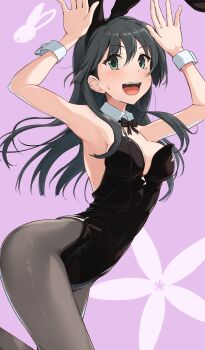 1girl :d animal_ears black_bow black_bowtie black_hair black_leotard black_pantyhose bow bowtie breasts commentary_request detached_collar fake_animal_ears highres k3rd leotard long_hair looking_at_viewer medium_breasts open_mouth paid_reward_available pantyhose playboy_bunny purple_background rabbit_ears rabbit_pose saten_ruiko smile solo strapless strapless_leotard toaru_kagaku_no_railgun toaru_majutsu_no_index white_wrist_cuffs wrist_cuffs