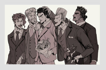 5boys arm_over_shoulder beard black_hair boston_terrier bouquet dog earrings facial_hair flower gloves handkerchief highres iggy_(jojo) jean_pierre_polnareff jewelry jojo_no_kimyou_na_bouken joseph_joestar joseph_joestar_(old) kakyoin_noriaki kuujou_joutarou male_focus mohammed_avdol multiple_boys necktie silver_hair smile stardust_crusaders vest