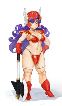 Rule 34 | 1girl, armor, armpits, axe, battle axe, big hair, bikini armor, blue eyes, boots, breasts, cleavage, curly hair, dragon quest, dragon quest iii, eyelashes, feathered helmet, gloves, hand on own hip, helmet, hero (do-belman), highres, knees, large breasts, lips, long hair, looking at viewer, navel, pauldrons, puckered lips, purple hair, red armor, red boots, red gloves, red helmet, shoulder armor, simple background, solo, standing, stone floor, thick thighs, thighs, warrior (dq3), weapon, white background