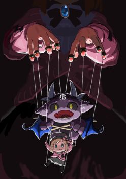 1girl :3 black_background black_pantyhose black_sclera black_shoes blue_gemstone blue_wings bow bowtie brown_skirt cardigan character_doll chibikemo colored_sclera commentary_request debidebi_debiru demon demon_horns demon_wings doll facial_mark fang gem green_eyes grey_fur grey_hat grey_horns grey_skirt hat hat_bow head_out_of_frame highres horns jewelry long_sleeves marionette multiple_horns nijisanji open_mouth pantyhose pink_bow pink_cardigan puppet puppet_rings puppet_strings ring sharp_teeth shirt shoes skin_fang skirt suzuhara_lulu suzuhara_lulu_(1st_costume) teeth vanilla_(nekomist) virtual_youtuber white_shirt wings yellow_eyes