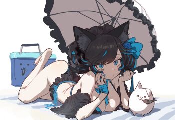 1girl absurdres animal_ear_fluff animal_ears barefoot bikini black_bikini black_hair blue_eyes blue_flower blue_hair blue_nails blue_rose bow breasts cat_(nyanko_daisensou) cat_ears closed_mouth cooler dark_lunacia_(nyanko_daisensou) detached_sleeves double_bun ebora flower frilled_bikini frilled_umbrella frills full_body hair_bow hair_bun hairband highres looking_at_viewer lying medium_breasts multicolored_hair nail_polish nyanko_daisensou on_stomach pale_skin rose simple_background solo streaked_hair swimsuit toenail_polish toenails two-tone_hair umbrella white_background