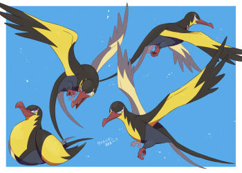 beak blue_background blue_eyes border commentary_request highres kechon-san kilowattrel nintendo no_humans open_mouth outside_border pokemon pokemon_(creature) pokemon_focus white_border