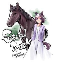 Rule 34 | 1girl, alternate costume, animal ears, arms behind back, brown hair, character name, creature and personification, dated, dress, highres, horse, horse ears, horse girl, jacket, long sleeves, looking at another, looking to the side, multicolored hair, purple eyes, purple jacket, real life, short hair, smile, special week (racehorse), special week (umamusume), tonpuu, twitter username, two-tone hair, umamusume, white dress, white hair
