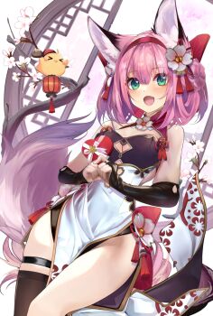 1girl animal_ears azur_lane bare_shoulders blush box breasts china_dress chinese_clothes chinese_new_year cleavage double_bun dress flower fox_ears fox_girl fox_tail gift green_eyes hair_between_eyes hair_bun hair_flower hair_ornament hair_up hanazuki_(azur_lane) heart-shaped_box holding holding_gift lattice looking_at_viewer manjuu_(azur_lane) medium_breasts no_panties official_artist_extra open_mouth pelvic_curtain pink_hair round_window shirokitsune sidelocks single_thighhigh skindentation tail thigh_strap thighhighs thighs valentine window