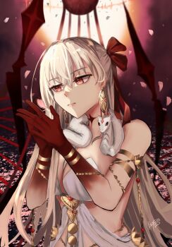 1girl breasts cleavage commentary durga_(fate) durga_(first_ascension)_(fate) earrings english_commentary fate/grand_order fate_(series) hair_ribbon highres jewelry large_breasts long_hair red_eyes revealing_clothes ribbon snake very_long_hair