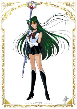1girl bishoujo_senshi_sailor_moon black_choker black_sailor_collar boots bow choker circlet elbow_gloves garnet_rod gloves green_hair hair_bun heart_wand jewelry long_hair magical_girl marco_albiero meiou_setsuna outer_senshi red_bow sailor_collar sailor_pluto sailor_senshi sailor_senshi_uniform single_hair_bun skirt solo staff thigh_boots white_gloves