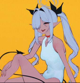 1girl :p alternate_costume anemoneeanemone bare_arms bare_legs bare_shoulders black_ribbon blue_archive breasts dark-skinned_female dark_skin demon_tail grey_hair hair_intakes hair_over_one_eye hair_ribbon half-closed_eyes hand_on_own_leg highres iori_(blue_archive) leotard long_hair long_pointy_ears looking_at_viewer one_eye_covered pointy_ears red_eyes ribbon simple_background sitting small_breasts smile solo tail tongue tongue_out twintails white_leotard yellow_background
