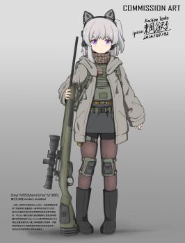 1girl absurdres animal_ear_headphones animal_ears artist_name backpack bag black_boots black_shorts blue_eyes blush boots brown_bag brown_pantyhose bulletproof_vest chinese_commentary chinese_text commission dated english_text expressionless fake_animal_ears full_body grey_background grey_hair grey_jacket grey_sweater gun headphones highres holding holding_gun holding_weapon hood hooded_jacket jacket knee_pads kochiya_tenko load_bearing_equipment load_bearing_vest mannlicher_m1895 medium_hair one_side_up open_clothes original pantyhose pouch red_scarf rifle scarf scope short_shorts shorts signature simple_background sleeves_past_wrists sniper_rifle solo strap striped_clothes striped_scarf sweater thigh_pouch weapon