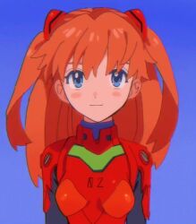 1girl 4zw89qkqagggcf7 animated blue_eyes blush_stickers bodysuit breasts brown_hair floating_hair interface_headset_(evangelion) long_hair looking_at_viewer lowres mecha_pilot_suit medium_breasts neon_genesis_evangelion plugsuit_(evangelion) red_bodysuit skin_tight smile solo souryuu_asuka_langley tagme twintails two_side_up video wide_hips