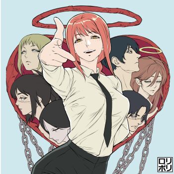 Rule 34 | 3boys, 4girls, angel devil (chainsaw man), arm behind back, black hair, black necktie, black pants, blank eyes, blonde hair, braid, braided ponytail, brown hair, chain, chainsaw man, collared shirt, grey background, halo, hayakawa aki, heart, highres, jamrolypoly, kurose yuutarou, long hair, looking at viewer, makima (chainsaw man), medium hair, multiple boys, multiple girls, necktie, open mouth, pants, pointing, pointing at viewer, ponytail, princi (chainsaw man), red hair, ringed eyes, sawatari akane (chainsaw man), scar, scar on face, shirt, shirt tucked in, short hair, sidelocks, simple background, smile, tendou michiko, white shirt, yellow eyes