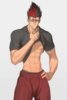 1boy abs absurdres barou_shouei black_hair black_shirt blue_lock chinese_commentary commentary_request cowboy_shot feixingxiaoye grey_background hand_on_own_hip highres hip_bones lifting_own_clothes looking_at_viewer male_focus male_underwear male_underwear_peek multicolored_hair narrow_waist navel pants parted_lips pectorals red_eyes red_hair red_pants shirt simple_background solo stomach streaked_hair sweat teeth toned toned_male two-tone_hair underpec underwear