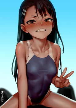 Rule 34 | 1girl, as109, black hair, blue one-piece swimsuit, blush, breasts, brown eyes, collarbone, covered navel, fang, girl on top, hair ornament, hairclip, highres, ijiranaide nagatoro-san, lips, long hair, looking at viewer, nagatoro hayase, one-piece swimsuit, revision, school swimsuit, small breasts, solo focus, sweat, swimsuit, tan, teeth, v