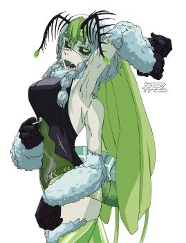 1girl absurdres antennae armpits arthropod_girl black_leotard black_sclera black_tongue braid breasts colored_sclera colored_skin extra_arms faz_1015 green_eyes green_hair hair_between_eyes highres indie_virtual_youtuber insect_girl insect_wings juniper_actias large_breasts leotard looking_at_viewer monster_girl moth_antennae moth_girl moth_wings thighs twin_braids virtual_youtuber white_hair white_skin wings