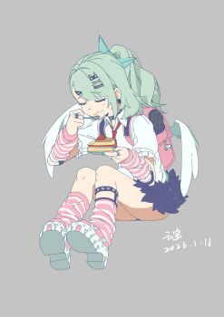 1girl angel_wings backpack bag cake chinatsu_remiel chinese_commentary closed_eyes collared_shirt commentary_request dated earrings eating food fruit full_body green_hair grey_background hair_ornament hairclip highres holding jewelry leg_warmers long_hair loose_socks nail_polish necktie one_side_up plate red_necktie ring school_bag shirt shoes short_sleeves simple_background sitting skirt socks solo strawberry tangchao_laide_xiaohemiao white_shirt wings zenless_zone_zero