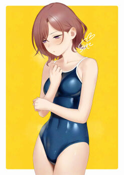 1girl alternate_costume averting_eyes blue_one-piece_swimsuit blush breasts close-up collar commentary_request competition_school_swimsuit cowboy_shot crossed_bangs embarrassed higuchi_madoka idolmaster idolmaster_shiny_colors looking_down medium_hair mole mole_under_eye one-piece_swimsuit parted_lips portrait purple_eyes red_hair sakiecho school_swimsuit sidelocks solo swimsuit white_background yellow_background