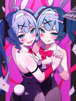 2girls ace_(playing_card) ace_of_diamonds ace_of_hearts ace_of_spades animal_ears ass bare_shoulders black_leotard black_pantyhose blue_hair blush breasts card clone commentary cowboy_shot diamond_(shape) fake_animal_ears fake_tail fang hairband hatsune_miku heart highres leotard multiple_girls open_mouth pantyhose playboy_bunny playing_card rabbit_ears rabbit_hole_(vocaloid) rabbit_tail skin_fang small_breasts spade_(shape) tail teardrop tongue tongue_out twintails uzuki_sena vocaloid white_hairband