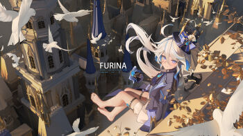 1girl absurdres barefoot bird black_hat black_shirt blue_eyes blue_jacket blue_streaks character_name closed_mouth commentary_request floating_hair furina_(genshin_impact) genshin_impact hat highres jacket leaf long_hair looking_at_viewer multicolored_hair outdoors shirt skirt solo streaked_hair thigh_strap white_hair white_skirt xiaojuan_(user_ezvt7287)
