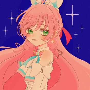 1girl arm_bow ascot bare_shoulders blue_background blush bow braid brooch cure_prism dress earrings elbow_gloves gloves green_eyes hair_bow hair_ornament highres hirogaru_sky!_precure jewelry long_hair looking_to_the_side magical_girl nijigaoka_mashiro pink_hair precure red_bow ri_oyasai shoulder_blush side_braid simple_background single_earring solo very_long_hair white_ascot white_bow white_dress white_gloves wing_brooch