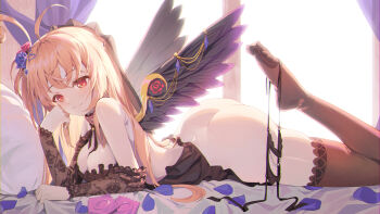 Rule 34 | 1girl, absurdres, ahoge, antenna hair, ass, backless dress, backless outfit, bare shoulders, black wings, blonde hair, bloom, blue nails, blush, bow, bowtie, breasts, brown bow, brown bowtie, brown collar, brown dress, brown panties, brown sleeves, brown thighhighs, brown veil, butt crack, cleavage, closed mouth, collar, colored eyelashes, commentary, condom, condom wrapper, crotchless, crotchless panties, curled fingers, detached sleeves, dress, elbow rest, feathered wings, fingernails, floral print, flower, foot out of frame, frilled dress, frilled veil, frills, from side, hair bow, hair flower, hair ornament, hand on own cheek, hand on own face, head rest, heart, heart collar, heart hair ornament, highres, holding, holding panties, holding underwear, holding unworn clothes, holding with feet, huge ahoge, indoors, lace, lace-trimmed collar, lace-trimmed sleeves, lace-trimmed thighhighs, lace panties, lace trim, large breasts, last origin, leg up, long fingernails, long hair, looking at viewer, looking to the side, lying, momo (last origin), multi-source commentary, no panties, no shoes, official alternate costume, on bed, on stomach, one side up, panties, pearl thong, petals, pillow, pink bow, pink collar, purple flower, purple petals, purple rose, red eyes, red pupils, rose, rose print, short dress, side-tie panties, smile, soles, solo, strapless, strapless dress, the pose, thighhighs, turning head, underwear, unworn panties, veil, window, wings, zonunoll