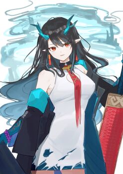1girl arknights bare_shoulders black_hair cleavage_cutout clothing_cutout commentary cowboy_shot dragon_girl dragon_horns dress dusk_(arknights) earrings hair_between_eyes highres horns jewelry k-yosinori light_smile long_hair looking_at_viewer necktie off_shoulder orange_eyes pointy_ears red_necktie short_dress signature sleeveless sleeveless_dress solo standing torn_clothes torn_necktie wavy_hair white_dress