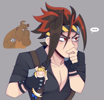 ... 1boy 1girl :3 animal_ears anton_ivanov black_shirt blush_stickers brown_hair covering_own_mouth fang fang_out grey_background hand_on_own_chin hand_over_own_mouth headband highres holding holding_mini_person ju_fufu lady_beemer looking_to_the_side looney_tunes marc_antony_(looney_tunes) marc_antony_thinking_(meme) meme mini_person minigirl multicolored_hair parody partially_shaded_face red_eyes red_hair reference_inset scene_reference shirt short_hair short_sleeves simple_background size_difference smile spoken_ellipsis suspenders tail thinking tiger_ears tiger_girl tiger_tail two-tone_hair upper_body v-shaped_eyebrows zenless_zone_zero