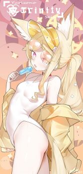 absurdres animal_ear_fluff animal_ears artist_name bare_shoulders blonde_hair blue_archive breasts choker clothing_cutout diamond_cutout eyewear_on_head food fox_ears fox_tail from_side groin halo highleg highleg_one-piece_swimsuit highres holding holding_food jacket liu_zhao loli long_hair melting_popsicle off_shoulder official_alternate_costume one-piece_swimsuit open_clothes open_jacket orange-tinted_eyewear pink_eyes popsicle_stick seia_(blue_archive) seia_(swimsuit)_(blue_archive) side_ponytail small_breasts swimsuit tail tinted_eyewear visor_cap white_one-piece_swimsuit yellow_halo yellow_jacket