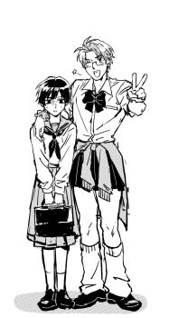 Rule 34 | 2boys, ahoge, america (hetalia), arm around neck, axis powers hetalia, blush, bow, bowtie, clothes around waist, crossdressing, crossdressing (mtf), fingernails, full body, glasses, half-closed eyes, hands up, highres, holding, holding suitcase, jacket, japan (hetalia), long sleeves, looking at viewer, loose socks, male focus, monochrome, multiple boys, neckerchief, one eye closed, open mouth, pleated skirt, puffy long sleeves, puffy sleeves, sailor collar, school uniform, semi-rimless eyewear, serafuku, shadow, shoes, short hair, simple background, skirt, smile, socks, standing, star (symbol), suitcase, suzbwwj 011, sweatdrop, teeth, v