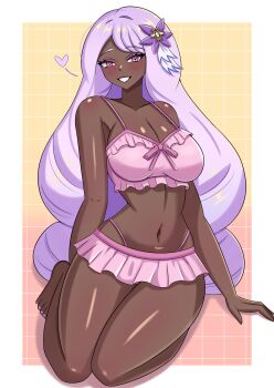 1girl absurdres bare_shoulders barefoot big_hair bikini blush border breasts cleavage collarbone commentary dark-skinned_female dark_skin darkmynde english_commentary eyelashes eyeshadow frilled_bikini frills gradient_background grid_background heart highres jacinthe_(pokemon) large_breasts long_hair looking_at_viewer makeup nail_polish navel nintendo outside_border pink_background pink_bikini pink_eyes pink_eyeshadow pokemon pokemon_legends:_z-a purple_hair purple_nails sitting smile swimsuit toenail_polish toenails very_dark_skin very_long_hair white_border yellow_background