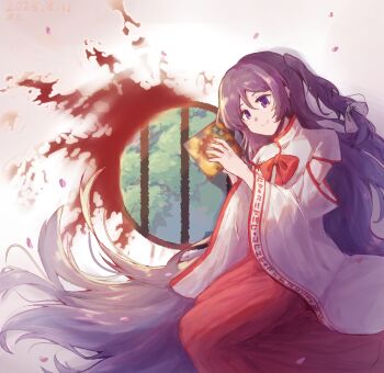 1girl absurdly_long_hair bow bowtie commentary_request detached_sleeves dolls_in_pseudo_paradise fire foliage hair_bow highres holding label_girl_(dipp) long_hair long_skirt long_sleeves no_headwear orange_background pink_petals purple_eyes purple_hair red_bow red_bowtie red_skirt round_window shirt side_ponytail skirt smile solo touhou very_long_hair white_bow white_shirt window ze._(user_upyh7534)