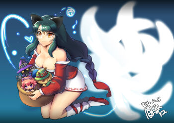 2boys 2girls ahri_(league_of_legends) animal_ears annie_(league_of_legends) black_hair braid breasts cleavage dakun fox_ears fox_tail kneeling korean_clothes large_breasts league_of_legends long_hair mini_person miniboy minigirl multiple_boys multiple_girls multiple_tails single_braid solo_focus tail teemo veigar yellow_eyes