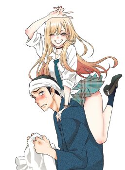 1boy 1girl black_choker black_hair black_socks blonde_hair blue_kimono blue_necktie blue_skirt blush bracelet brown_shoes choker collared_shirt earrings fukuda_shinichi gojou_wakana hand_on_another's_shoulder headband heart heart_earrings highres holding holding_unworn_clothes japanese_clothes jewelry kimono kitagawa_marin long_hair long_sleeves looking_at_another looking_at_viewer multicolored_hair necktie official_art piercing plaid_clothes plaid_skirt pleated_skirt red_hair ring school_uniform shirt shoes short_hair simple_background skirt sleeves_rolled_up socks sono_bisque_doll_wa_koi_wo_suru thighs third-party_source two-tone_hair v white_background white_headband white_shirt