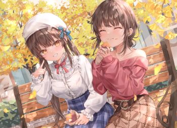 Rule 34 | 2girls, :t, absurdres, alternate costume, asakura karen (heaven burns red), autumn, autumn leaves, bare shoulders, belt, bench, beret, black belt, blue bow, blue skirt, blunt bangs, blush, bow, bowtie, brown hair, brown skirt, casual, closed mouth, collarbone, collared shirt, commentary request, cowboy shot, dappled sunlight, day, dual persona, dutch angle, eating, eyelashes, food, food on face, frilled sleeves, frills, ginkgo leaf, grin, hand up, happy, hat, hat bow, heaven burns red, high-waist skirt, highres, holding, holding food, index finger raised, leaf, long hair, long sleeves, looking at viewer, low twintails, multiple girls, off-shoulder shirt, off shoulder, on bench, orange eyes, outdoors, park bench, pink shirt, plaid clothes, plaid skirt, pointing, pointing at self, red bow, red bowtie, roasted sweet potato, shirt, side-by-side, sidelocks, sitting, skirt, sleeves past wrists, smile, split mouth, sunlight, sweet potato, tsumugi-t, twintails, very long hair, white hat, white shirt
