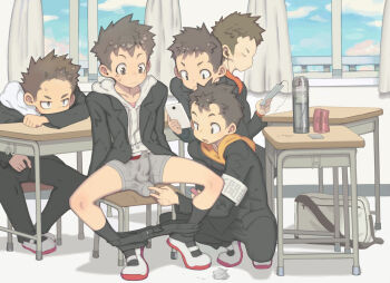 5boys annoyed bag blue_sky boxer_briefs briefs bulge camera_phone cellphone classroom clothes_pull cloud cloudy_sky commentary_request condom covered_penis curious day desk earphones erection erection_under_clothes flustered hood hoodie indoors listening_to_music looking_at_another looking_down male_focus male_underwear multiple_boys object_insertion original pants pants_around_ankles pants_pull phone school school_bag school_desk school_uniform sex_toy shota sitting sky taking_picture tayu_(mousou_dokoro_2) underwear vibrator vibrator_under_clothes watching