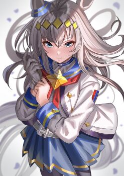 1girl adjusting_clothes adjusting_gloves ame_sagari animal_ears black_pantyhose blue_sailor_collar blue_skirt blush brooch closed_mouth commentary_request ear_ornament gloves grey_hair grey_tail highres horse_ears horse_girl horse_tail jewelry long_hair long_sleeves looking_at_viewer neckerchief oguri_cap_(starlight_beat)_(umamusume) oguri_cap_(umamusume) pantyhose pleated_skirt red_neckerchief sailor_collar sailor_shirt shirt simple_background skirt solo star_brooch tail umamusume umamusume:_cinderella_gray white_background white_gloves