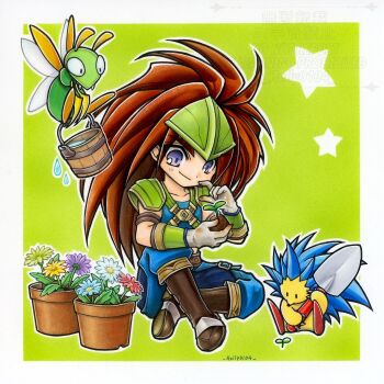 Rule 34 | 1boy, armor, artist name, blue eyes, blue flower, blue pants, blue shirt, boots, border, brown boots, brown hair, bucket, bug, chaps, chest strap, chibi, chibi only, dirty hands, duran (seiken densetsu 3), flower, full body, gardening, green background, green helmet, hair slicked back, hedgehog, helmet, highres, holding, holding bucket, holding trowel, hori wo, long hair, male focus, pants, plant, potted plant, purple flower, red flower, seiken densetsu, seiken densetsu 3, shirt, shoulder armor, sitting, smile, trowel, white border, white flower, yellow flower