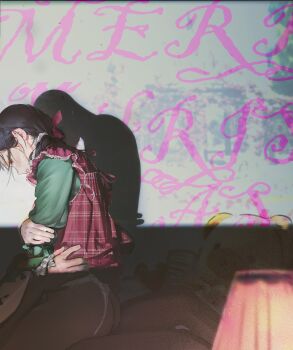 1girl 1other black_hair clothing_aside earrings from_side green_shirt hair_ribbon half-closed_eyes hand_on_another's_waist highres jewelry lamp long_sleeves original panties panties_aside pantyhose parted_lips profile red_ribbon red_vest ribbon shadow shirt solo_focus straddling stud_earrings stuffed_animal stuffed_toy sunny_bitch teddy_bear underwear vest