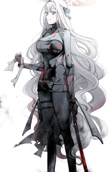 1girl armored_bodysuit blood blood_on_clothes blood_splatter bodysuit goddess_of_victory:_nikke grey_bodysuit grey_hair halo holding holding_sword holding_weapon red_halo rose_(nikke) simple_background solo sword tokomichi weapon white_background