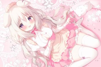 1girl :d amairo_chocolata animal_ears apron blush bow breasts brown_apron brown_hair cleavage collared_shirt commentary_request dog_ears dog_girl dog_tail dress_shirt dutch_angle flower frilled_apron frilled_skirt frills hair_between_eyes hair_flower hair_ornament juliet_sleeves long_hair long_sleeves maid maid_headdress medium_breasts misono_ichika open_mouth original pink_bow pink_flower pink_skirt pleated_skirt poodle puffy_sleeves red_eyes shiratama_(shiratamaco) shirt sitting skirt smile solo tail thighhighs very_long_hair wariza white_shirt white_thighhighs